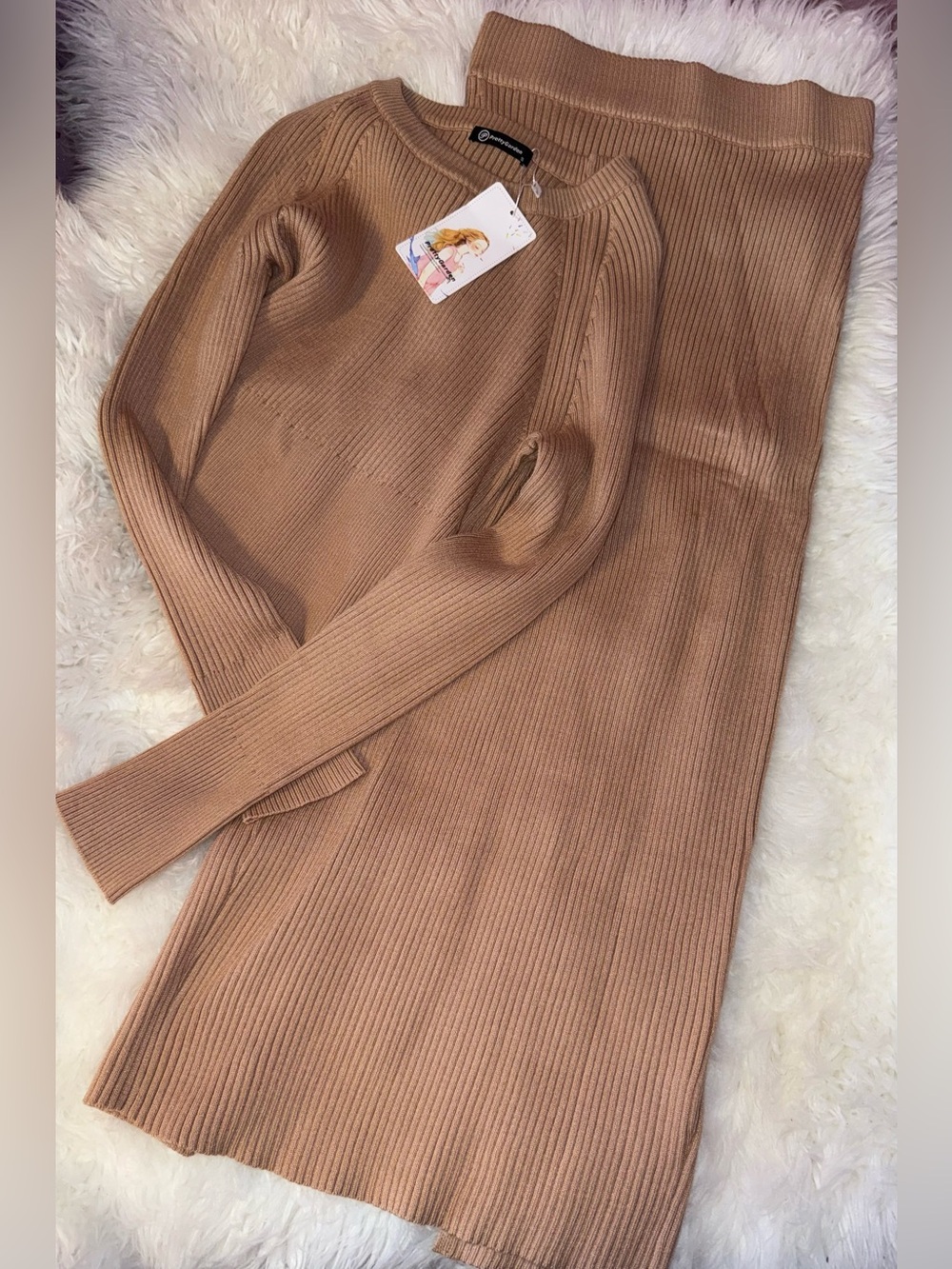 Ribbed 2 PC Set Knit Sweater and Skirt - Camel
